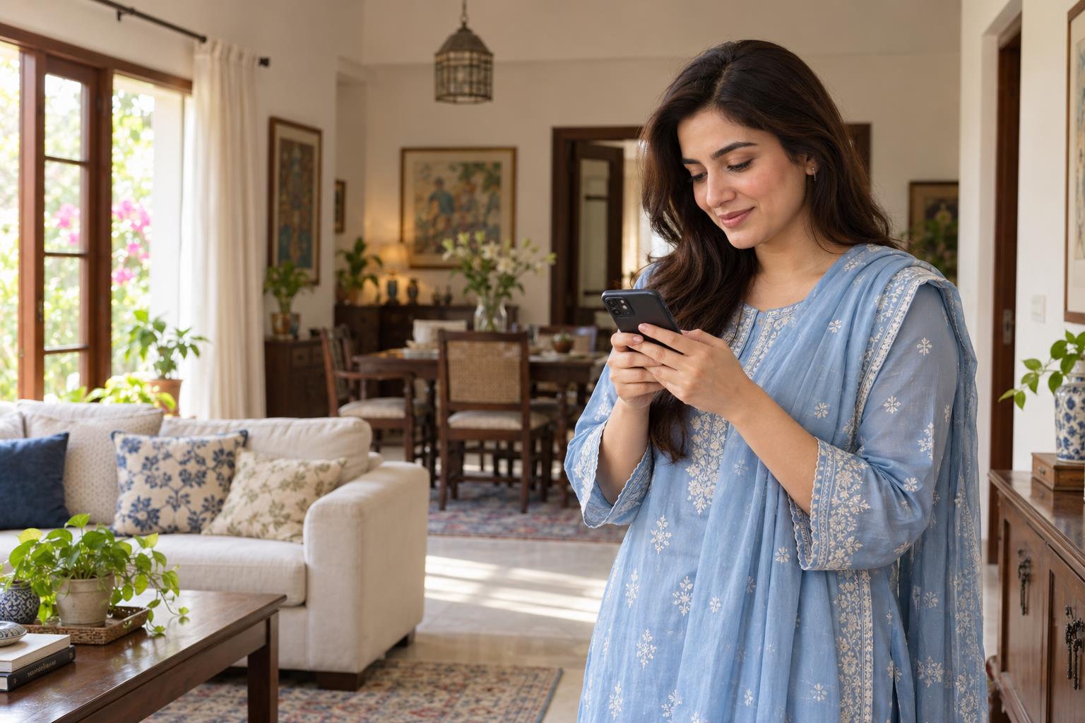 A Pakistani homeowner checking her phone at home